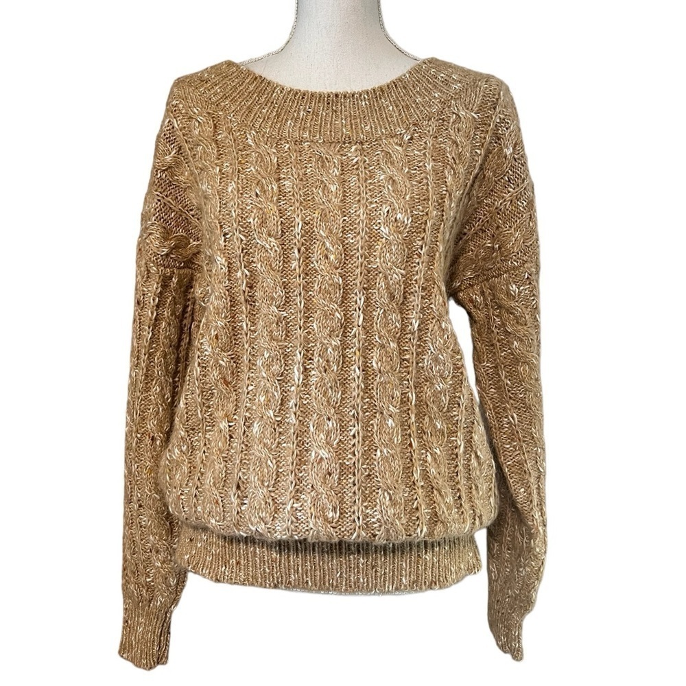 LIZ CLAIBORNE WOMENS VINTAGE TAN CREW NECK CABLE KNIT SWEATER SIZE SMALL